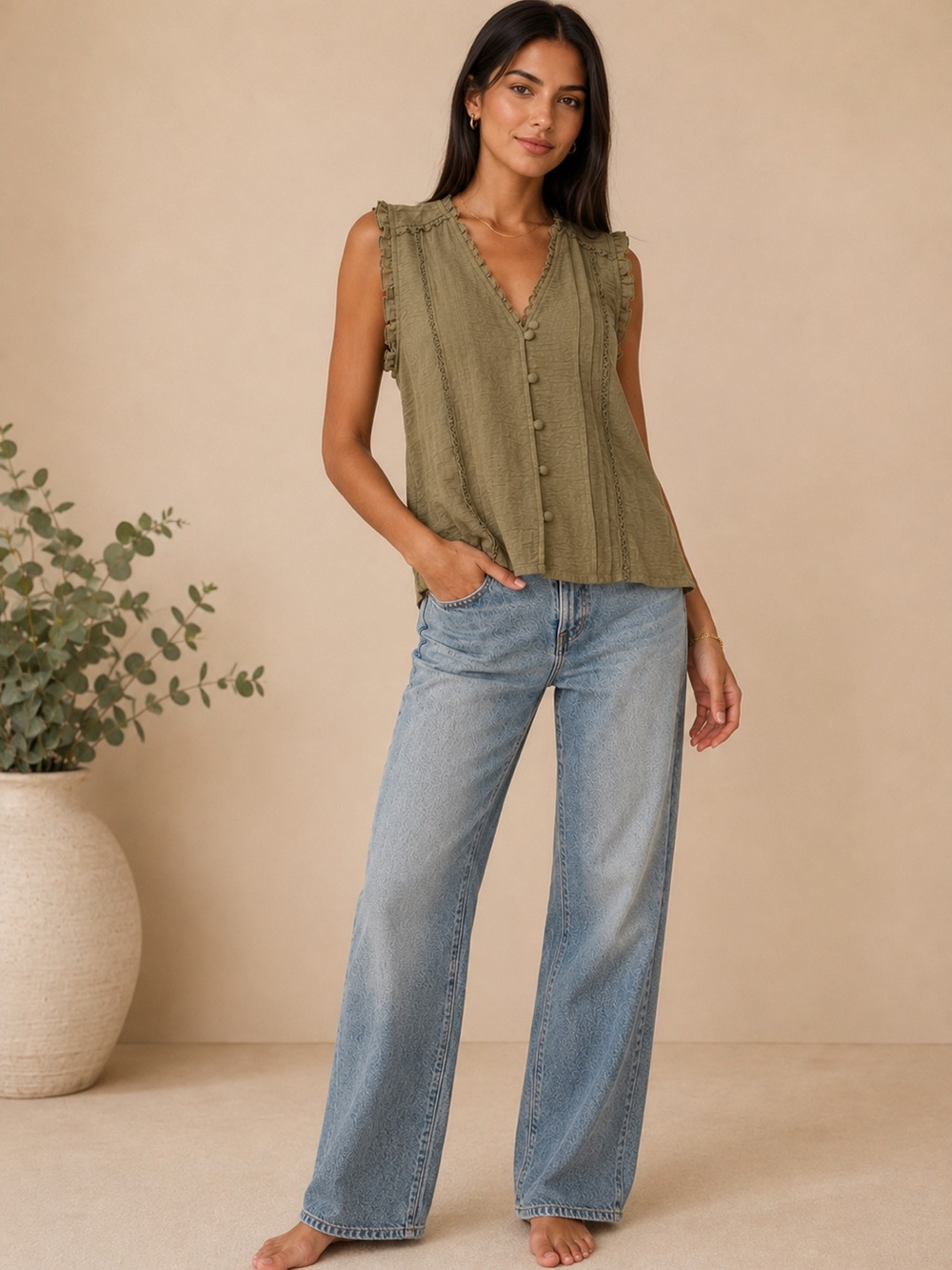 Enfocus Studio Olive Ruffle-Trim Button-Front Sleeveless Top-Brand new! ✨✨✨ - Picture 3 of 3